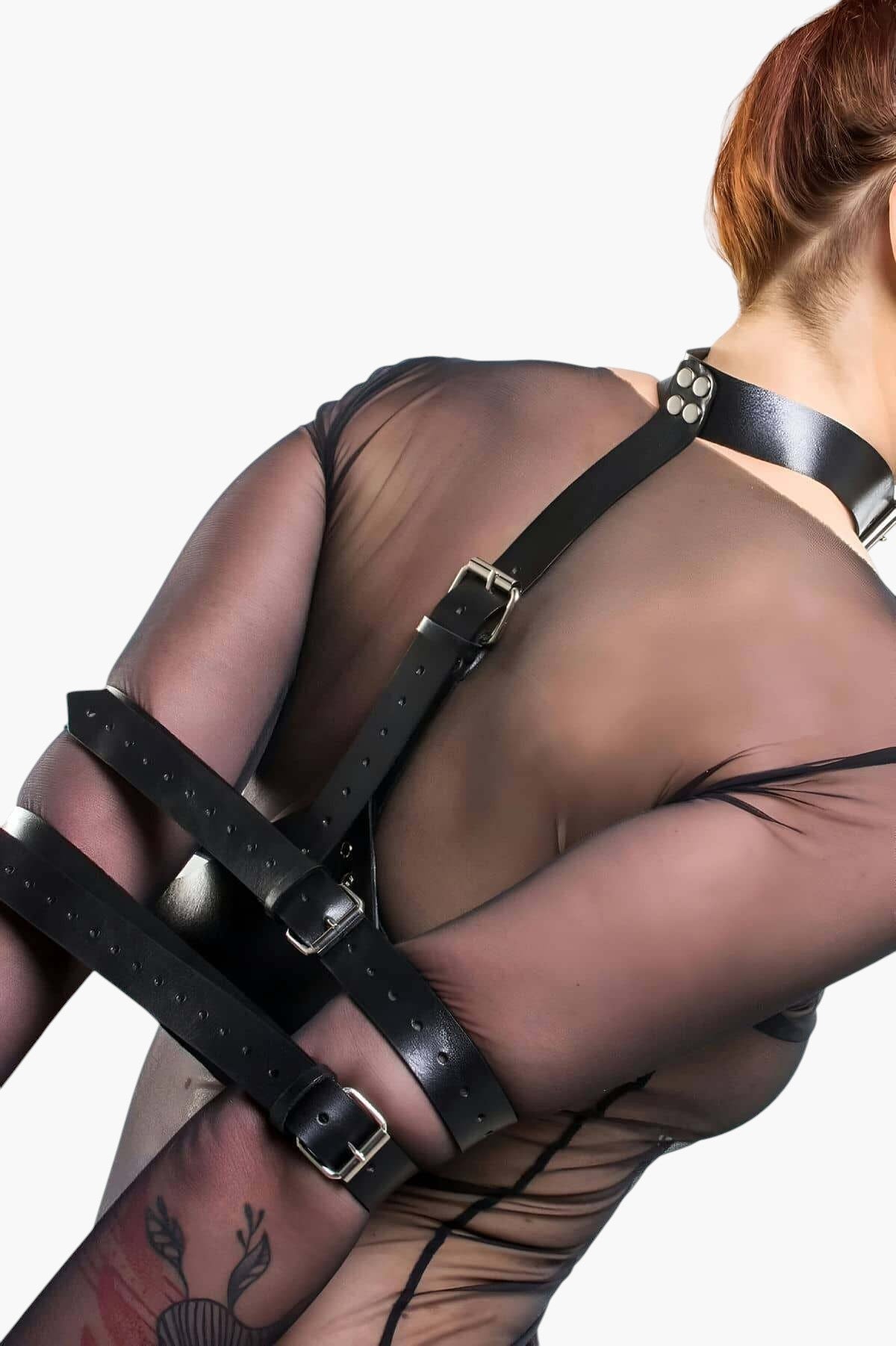Stylish Leather Arm Restraints with Neck Tie - Unique Roleplay and Fashion Accessories - Perfect Gift for Couples and BDSM Enthusiasts