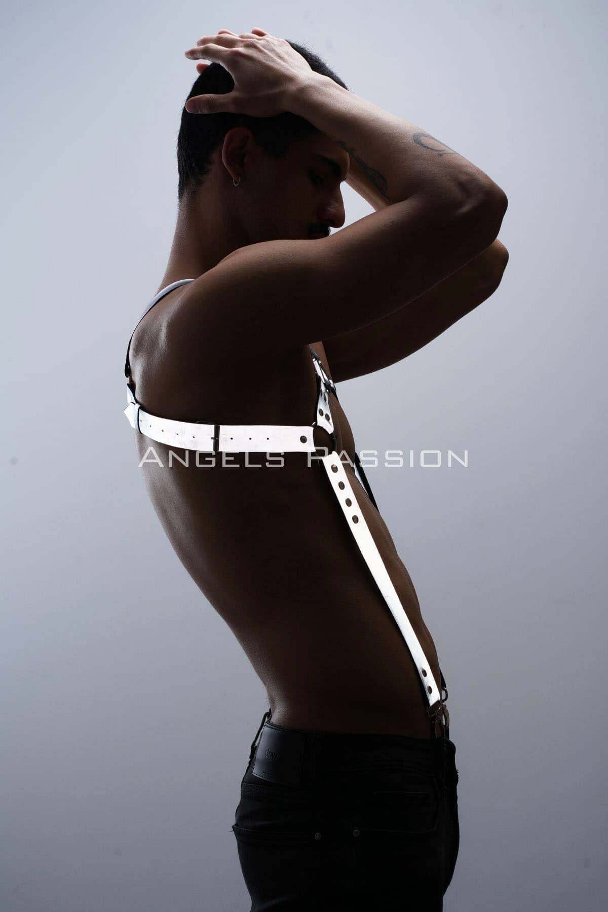 Leather Chest Suspender, Adjustable Straps Handmade White Reflector Suspender for Clothing and Parties Unique Fasionable Gift