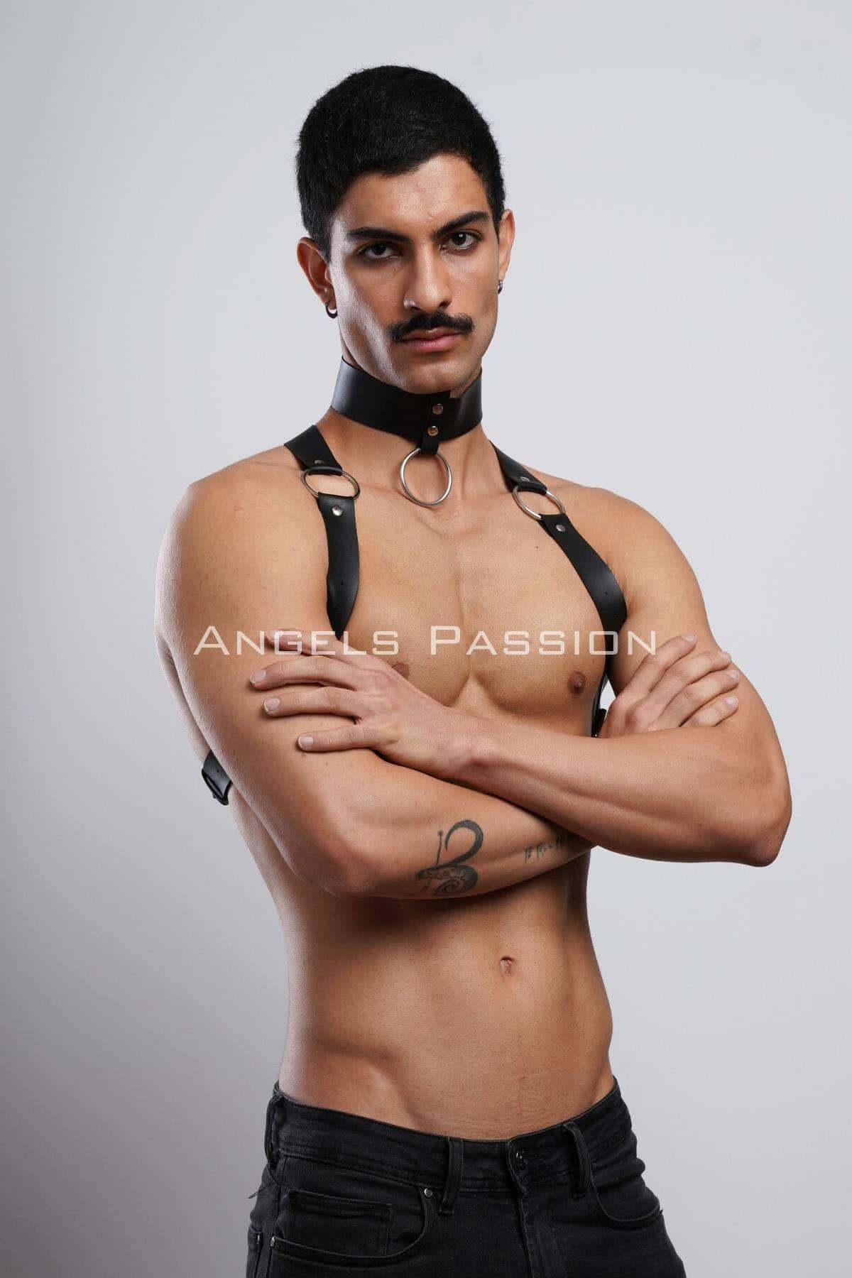 Handcrafted Leather Harness with Choker Ring, Unique Costume Accessory for Cosplay & Clubwear, Perfect Gift