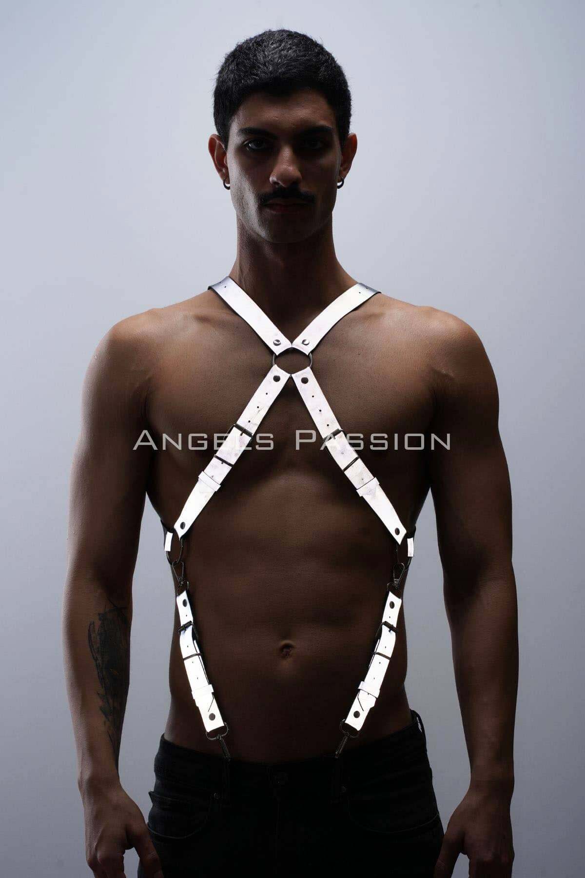 White Reflector Leather Chest Suspender for Trousers, Stylish Handmade Accessory for Parties, Perfect for Trendy Gifting