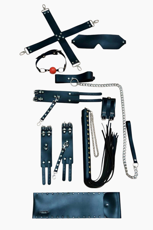 Complete Black Leather BDSM Kit, Rivet-Studded Bondage & Restraint Accessories, Perfect Gift for Couples