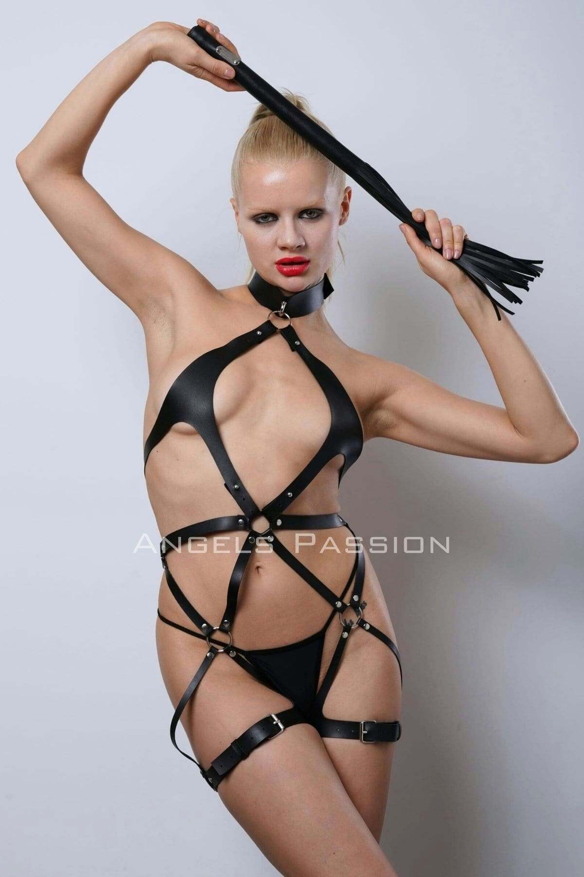 Erotic Leather Underwear with Whip & Full Body Harness, Captivating Sexy Lingerie Ideal Gift for Special Occasions