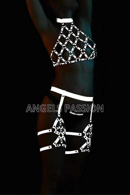 EDM Clubwear Reflective Harness Outfit – Stylish Leather Top & Garter Belt Set for Nightlife Parties – Unique Gift