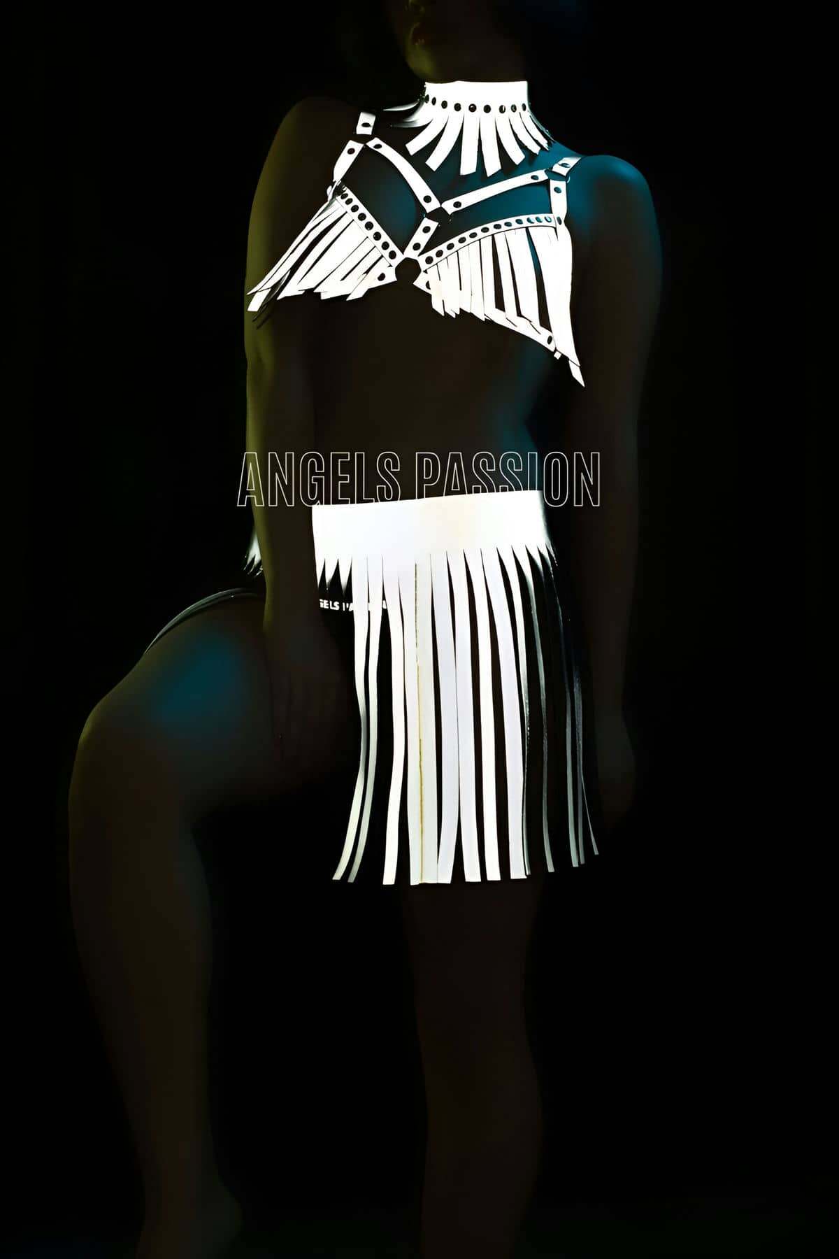 Reflective Fringe Leather Rave Set, Handmade Harness Top & Skirt for EDM, Party & Cosplay, Perfect Gift