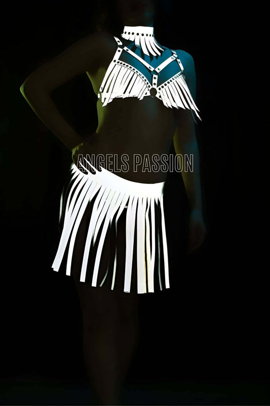 Reflective Fringe Leather Rave Set, Handmade Harness Top & Skirt for EDM, Party & Cosplay, Perfect Gift