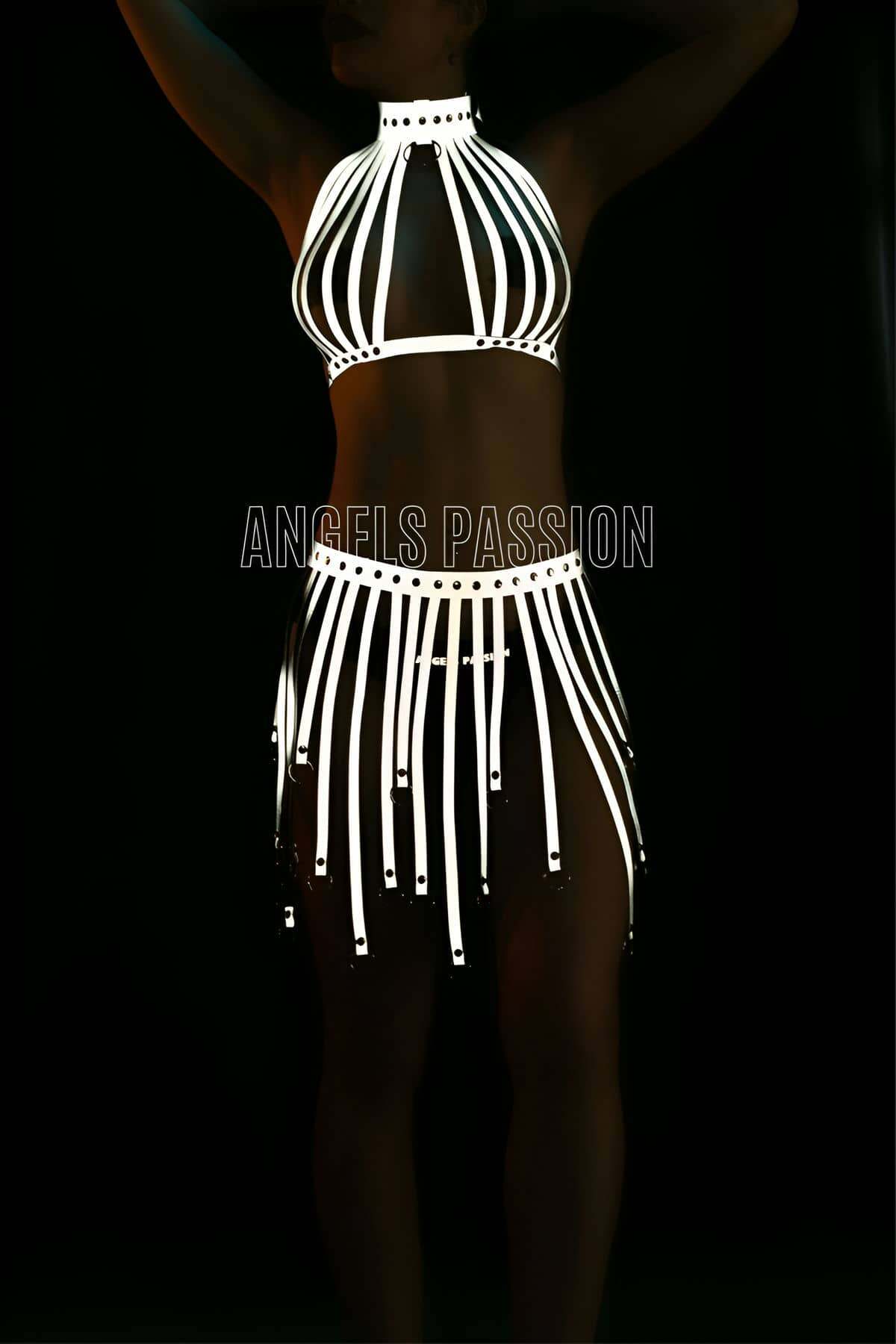 Tasseled Reflective Skirt & Bustier Set,Sexy Festival Outfit for EDM, Rave and Party Wear, Perfect Gift