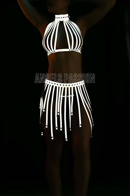 Tasseled Reflective Skirt & Bustier Set,Sexy Festival Outfit for EDM, Rave and Party Wear, Perfect Gift