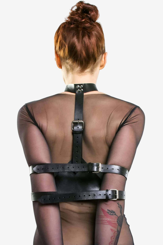 Stylish Leather Arm Restraints with Neck Tie - Unique Roleplay and Fashion Accessories - Perfect Gift for Couples and BDSM Enthusiasts