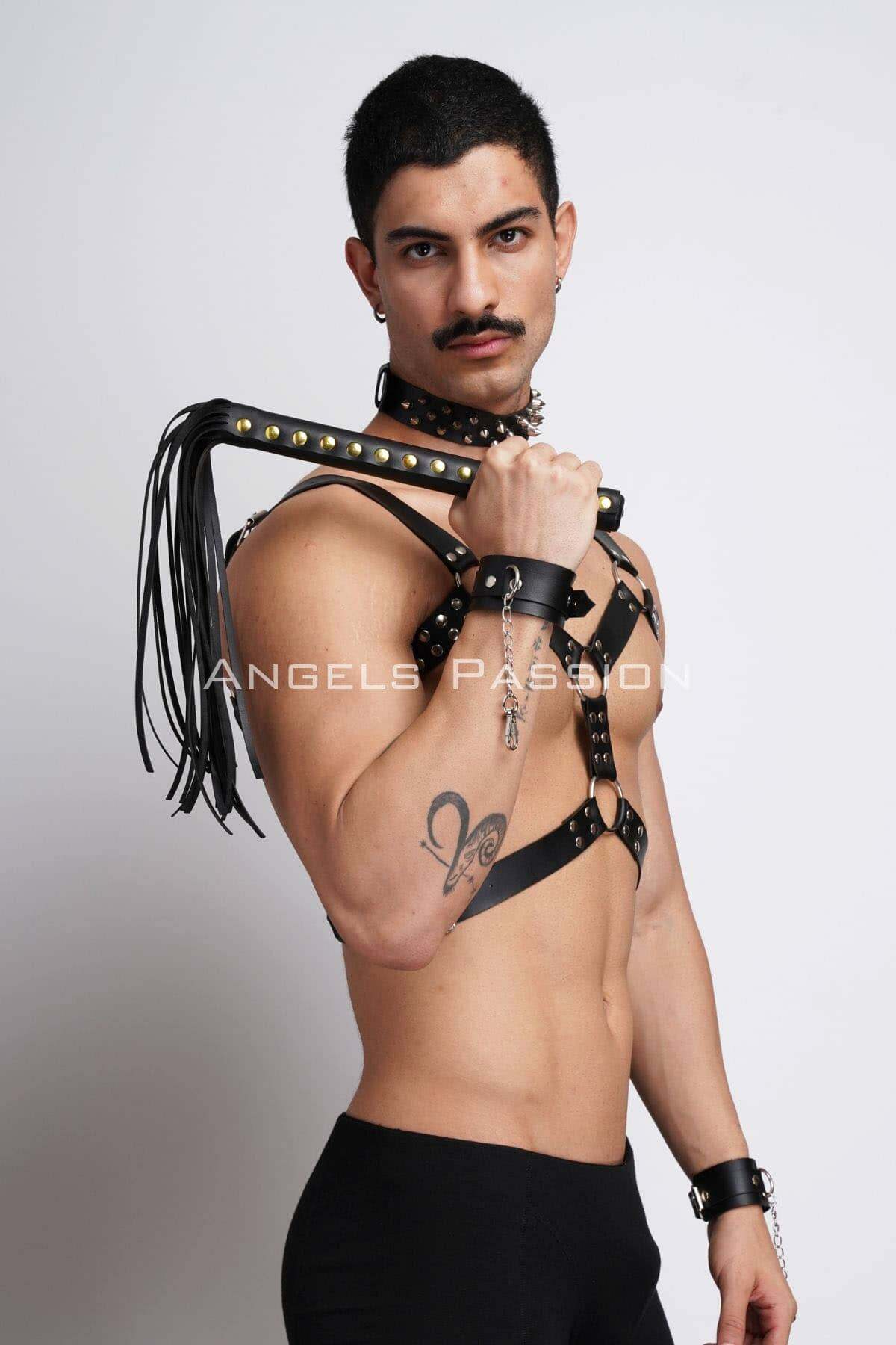 Studded Men's Leather Harness Set, Fetish Gear with Matching Collar for Bold Fashion Statements or Unique Gifts