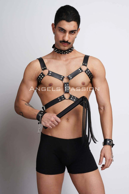 Studded Men's Leather Harness Set, Fetish Gear with Matching Collar for Bold Fashion Statements or Unique Gifts