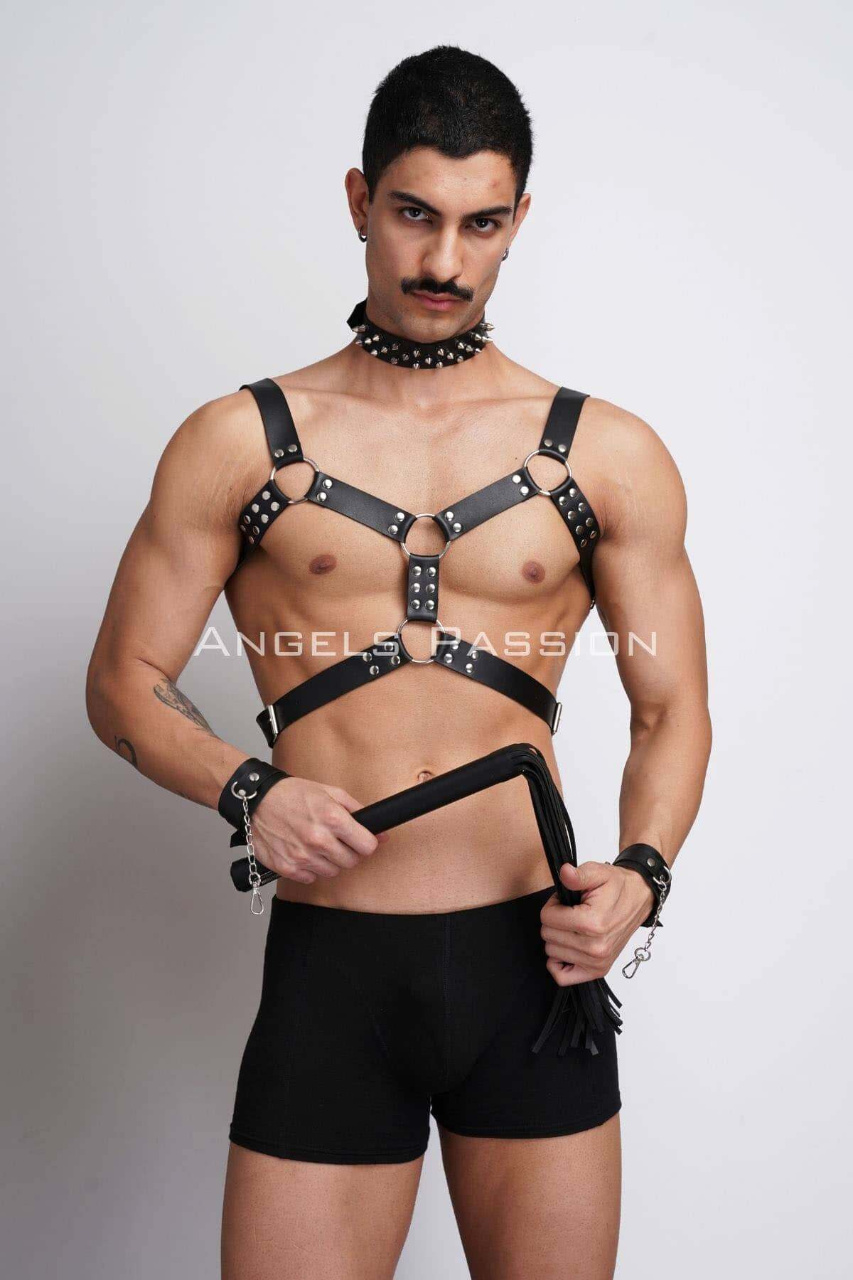 Studded Men's Leather Harness Set, Fetish Gear with Matching Collar for Bold Fashion Statements or Unique Gifts