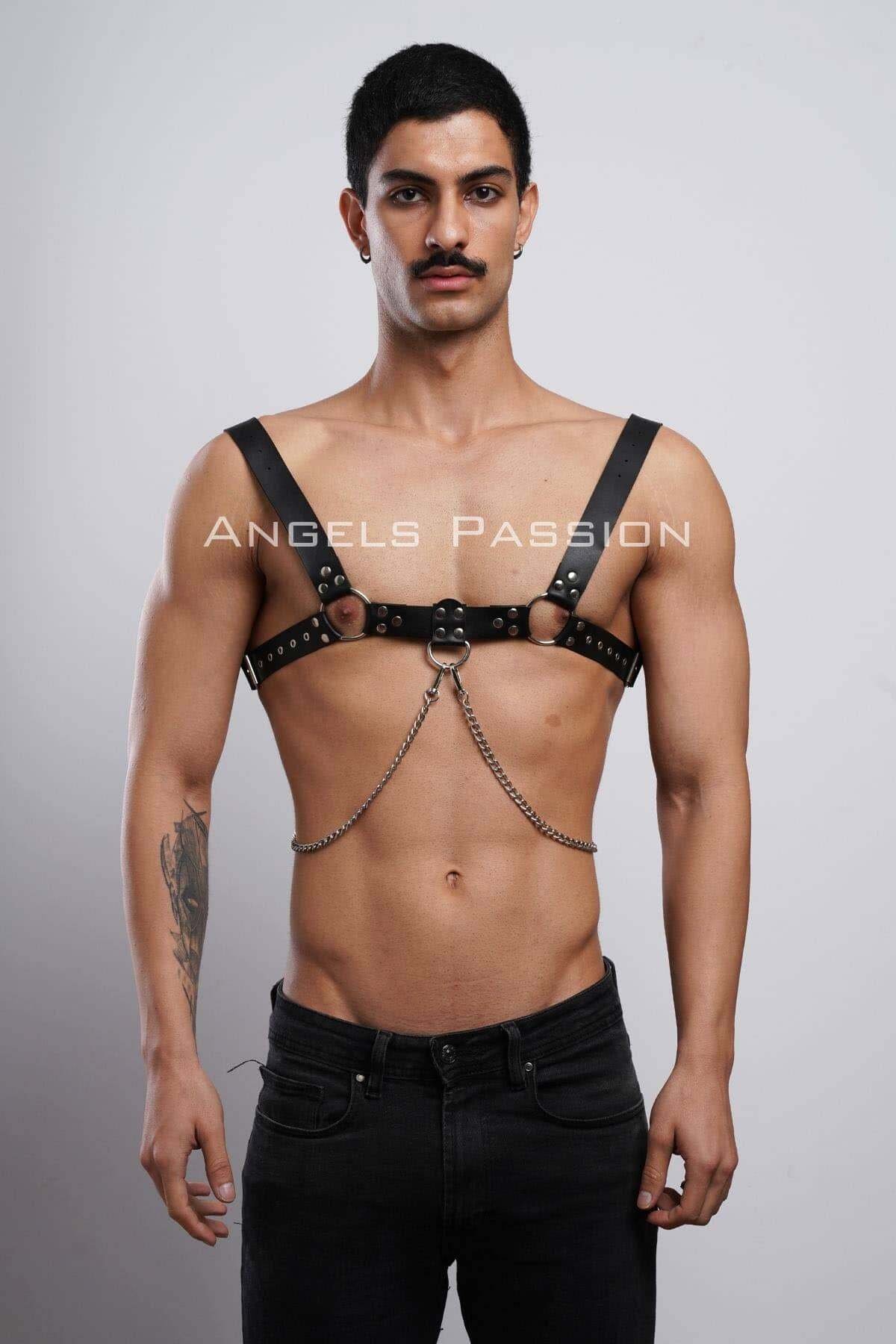 Sleek Leather Harness for Men, Stylish Chain Accents, Perfect for Parties and Night Out