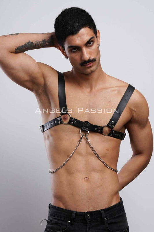 Sleek Leather Harness for Men, Stylish Chain Accents, Perfect for Parties and Night Out