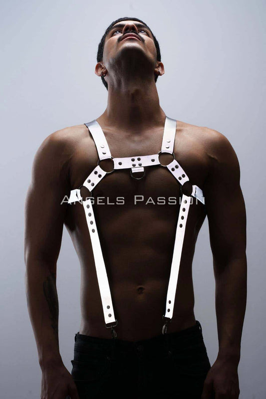 Leather Chest Suspender, Adjustable Straps Handmade White Reflector Suspender for Clothing and Parties Unique Fasionable Gift