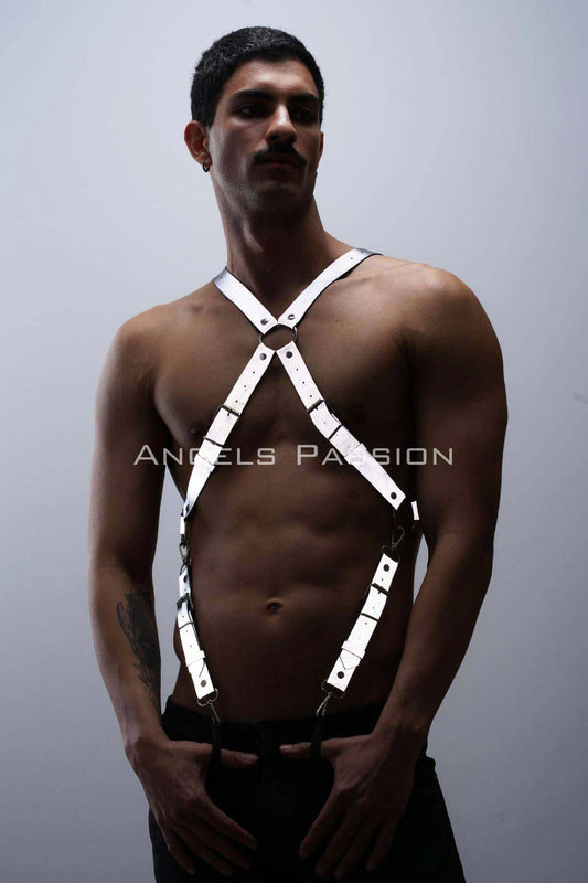 White Reflector Leather Chest Suspender for Trousers, Stylish Handmade Accessory for Parties, Perfect for Trendy Gifting