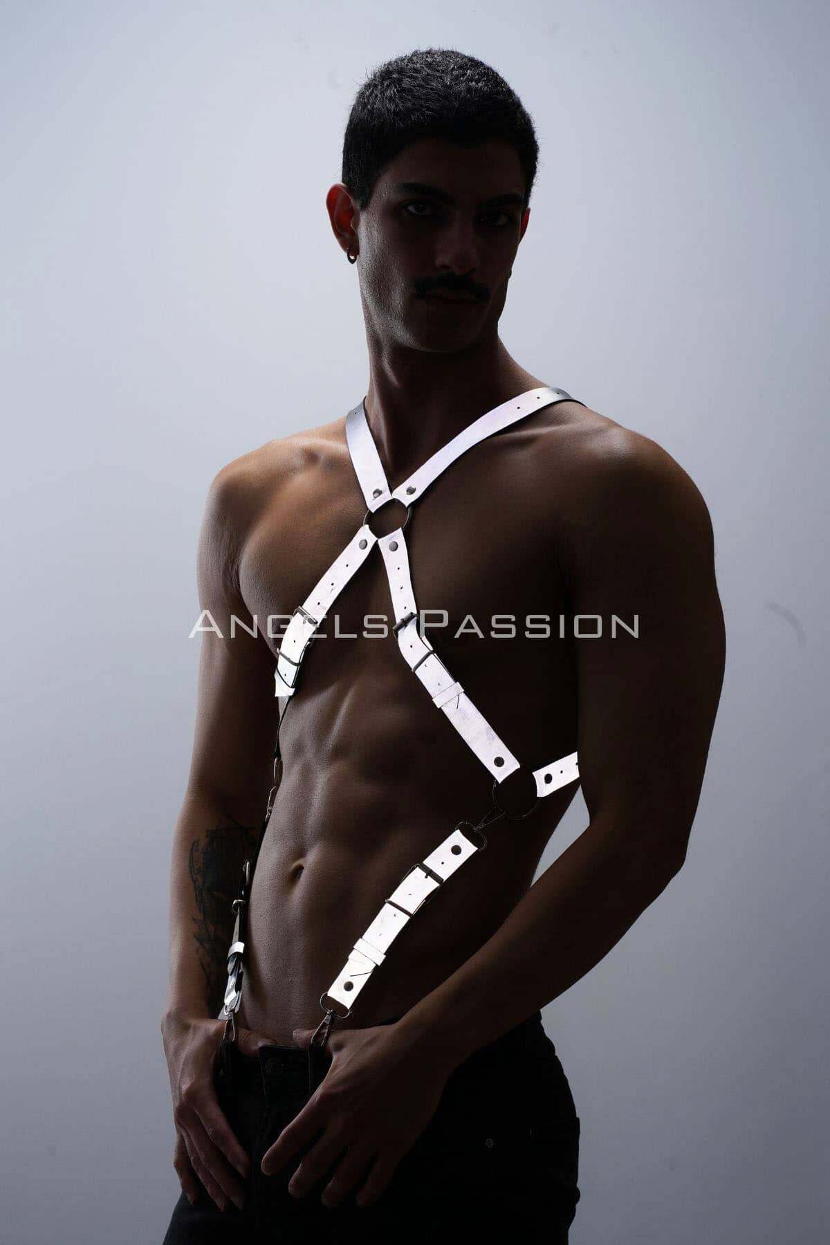 White Reflector Leather Chest Suspender for Trousers, Stylish Handmade Accessory for Parties, Perfect for Trendy Gifting